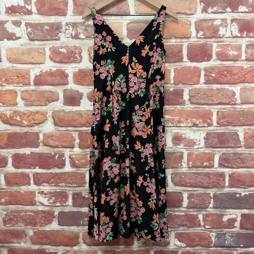 Ann Taylor Dress Women's 2P Black Multicolor Garden Floral Pleated Sundress - Picture 2 of 8
